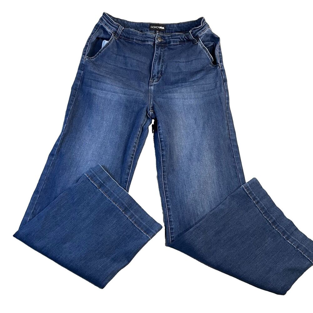 Fashion Nova Wide Leg High Rise Med Wash Jeans Boho Festival Womens Size 16